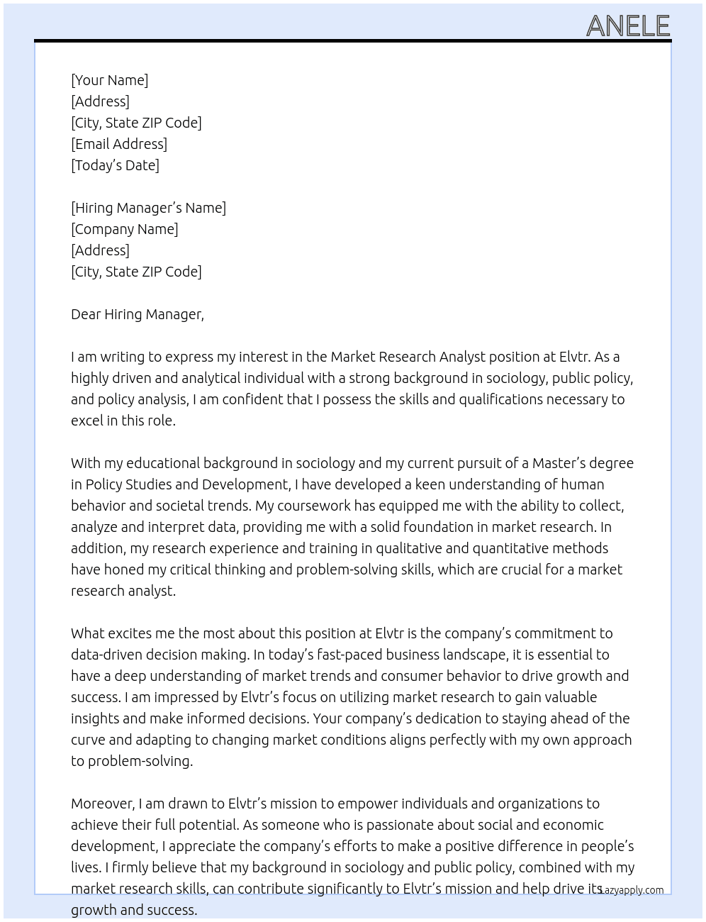 Market research analyst  At Elvtr Cover Letter