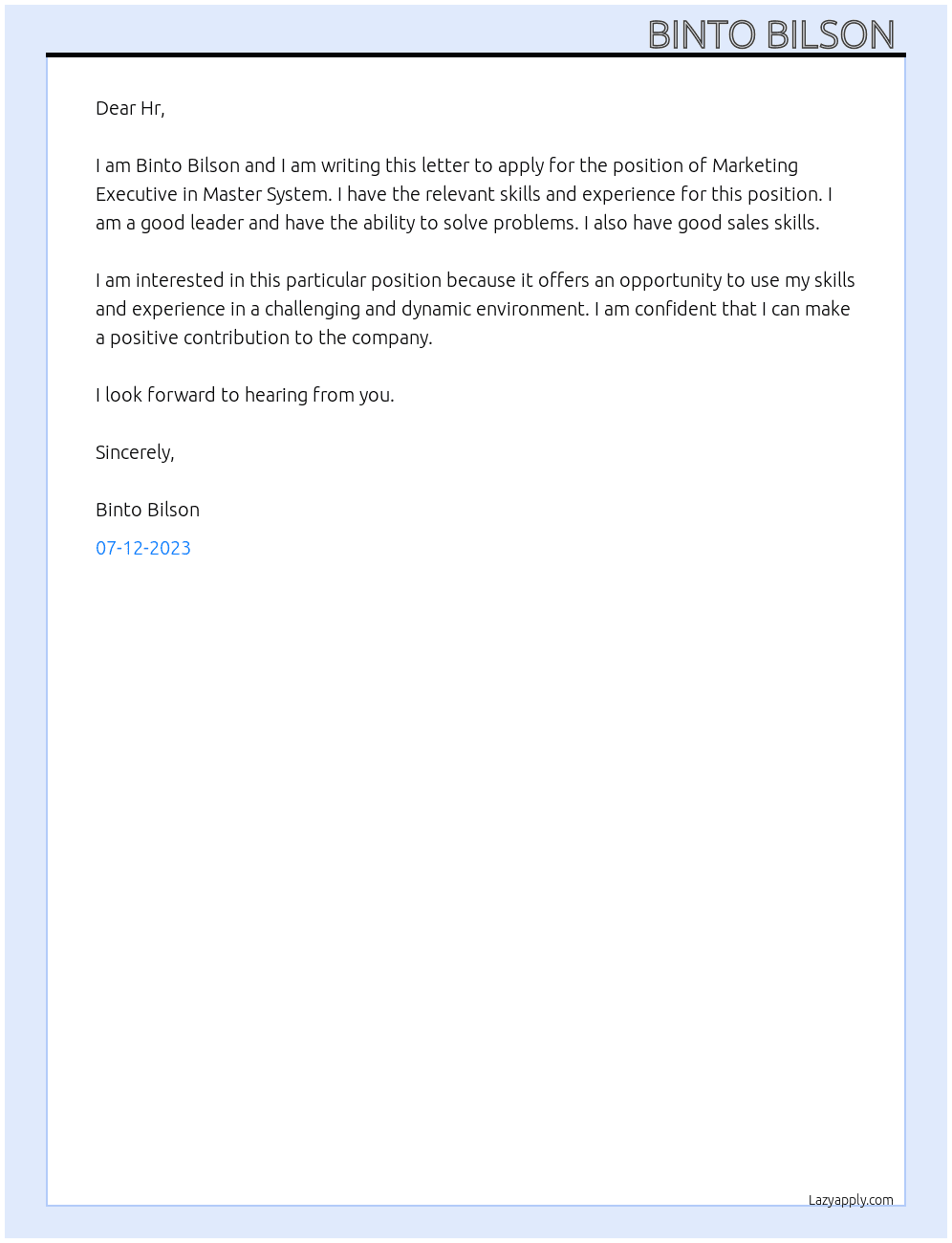 Marketing Executive  At Master System  Cover Letter