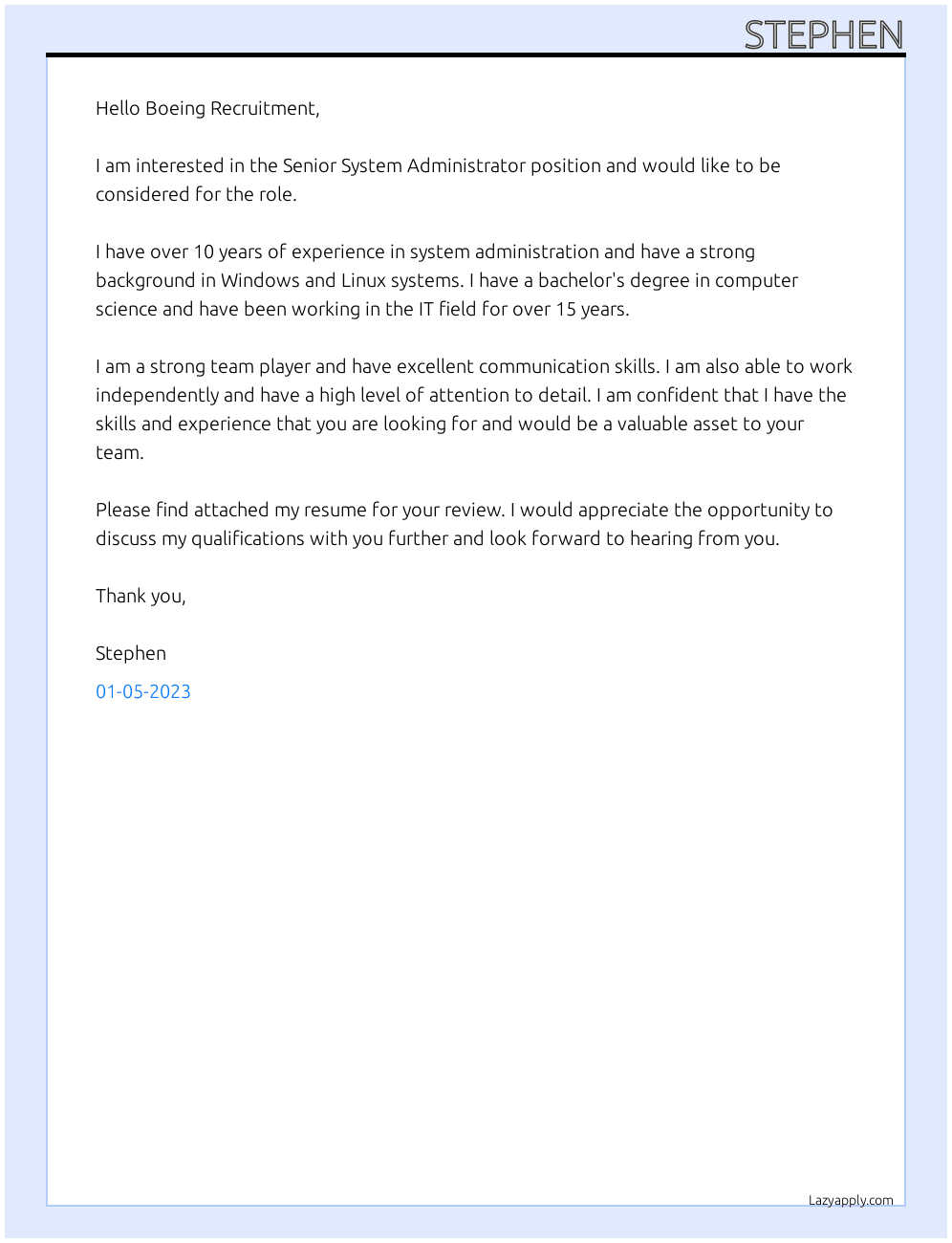 Senior System Administrator At Boein Cover Letter