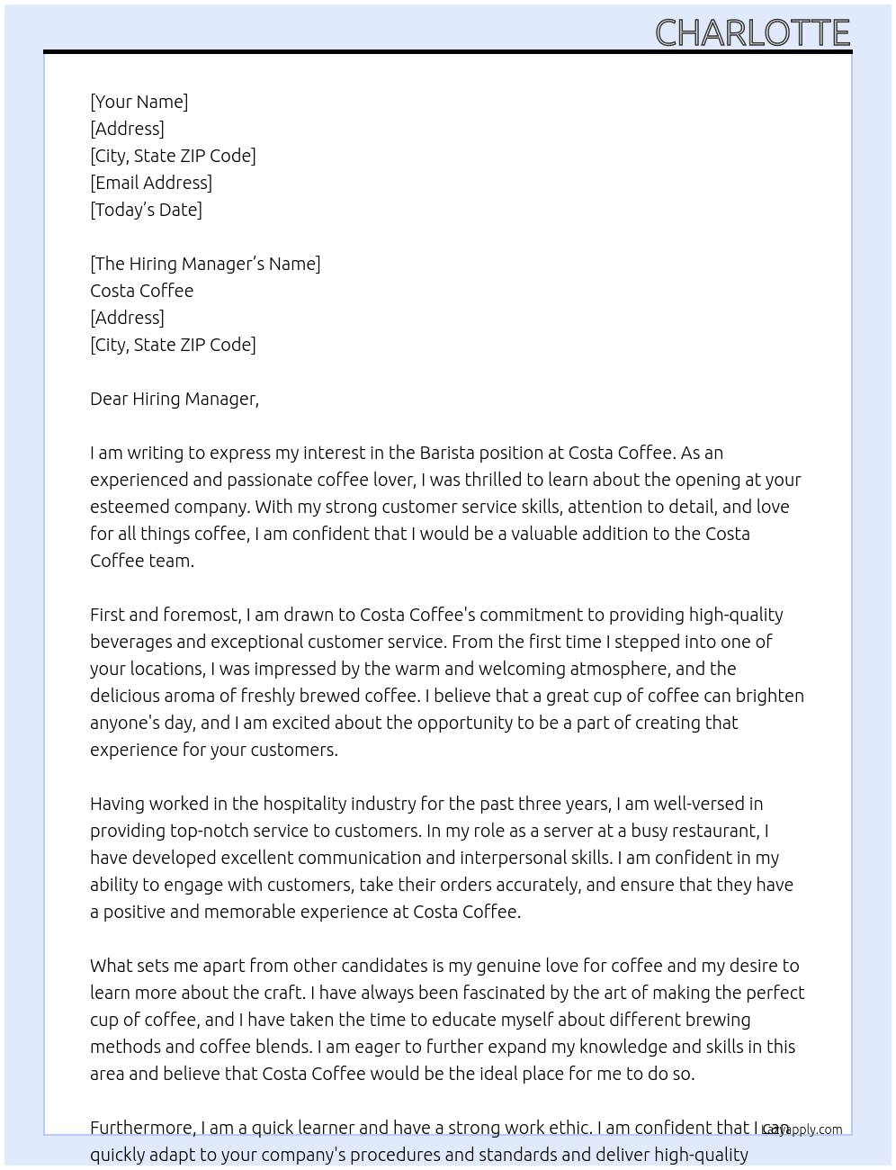 Barista  At Costa coffee Cover Letter