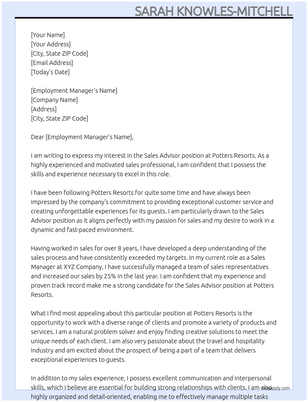 Sales Advisor At Potters Resorts Cover Letter