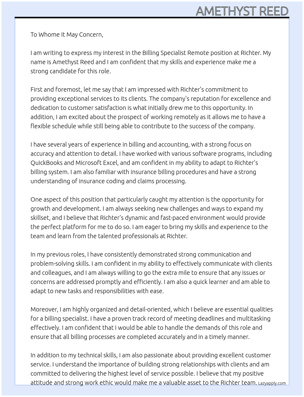 Billing specialist Remote  At Richter Cover Letter