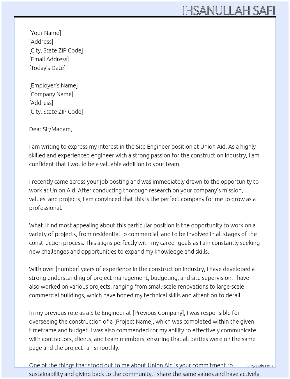 Site Engineer At Union Aid Cover Letter