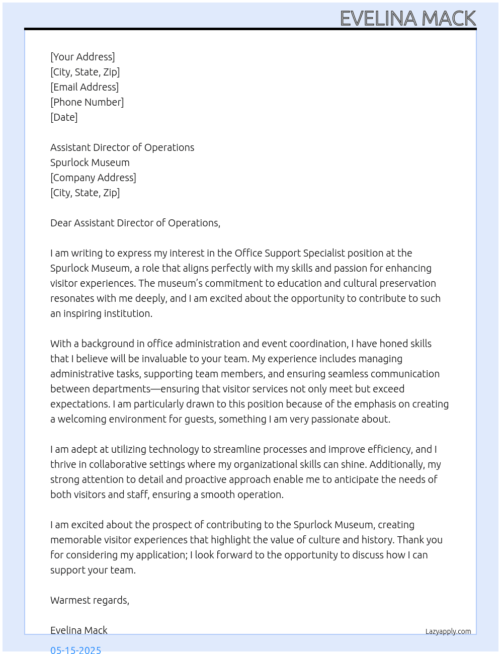 Office Support Specialist At Spurlock Museum Cover Letter
