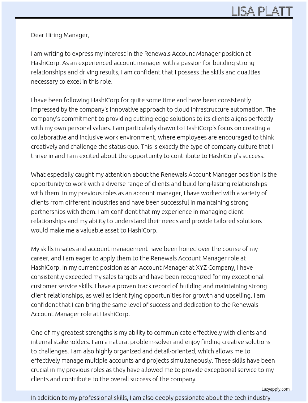 Renewals Account Manager At HashiCorp Cover Letter