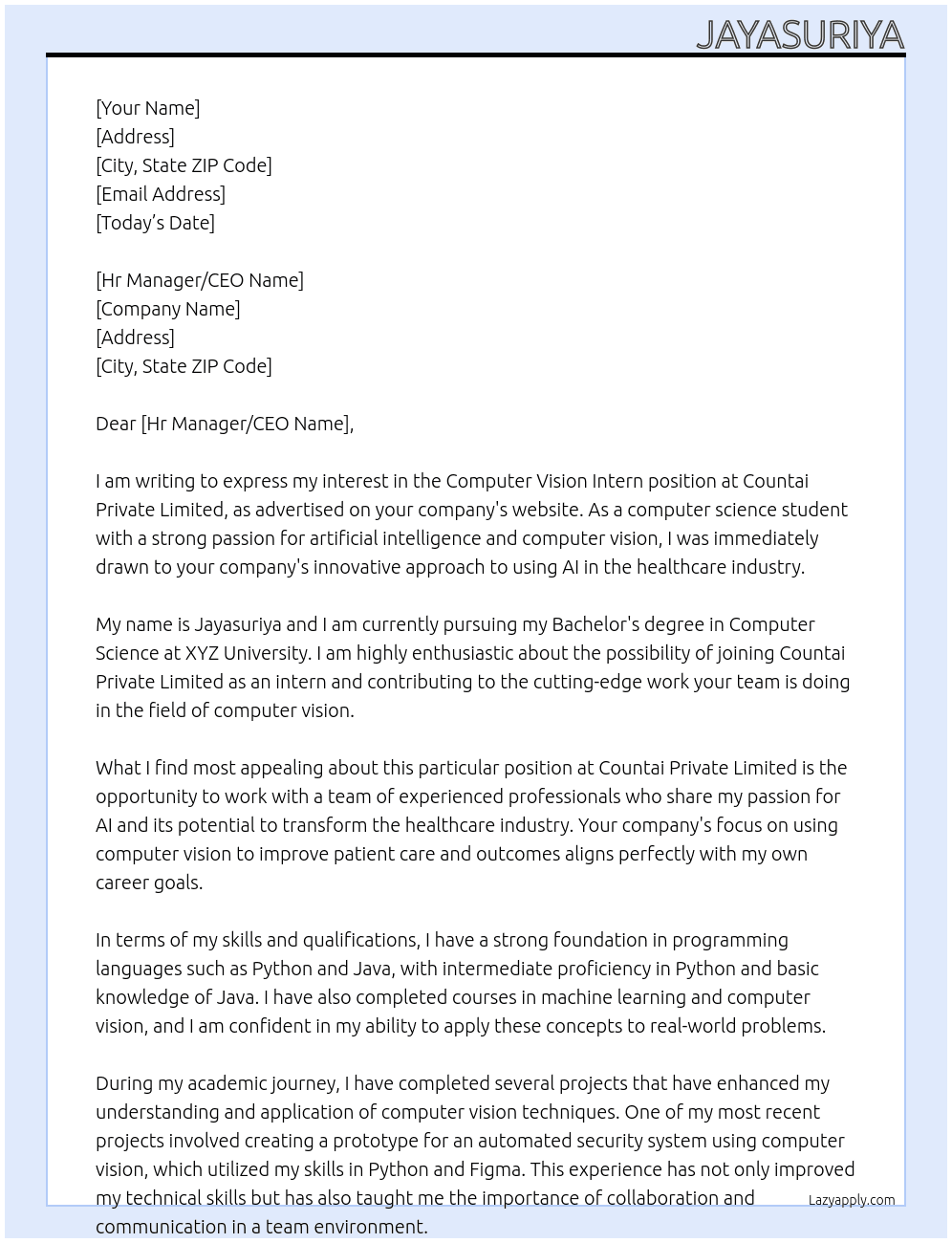 Computer vision Intern At Countai Private Limited Cover Letter