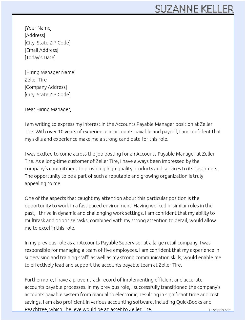 Accounts Payable Manager At Zeller Tire Cover Letter