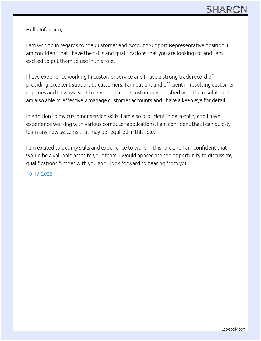 Customer and Account Support Representative At Infantino Cover Letter