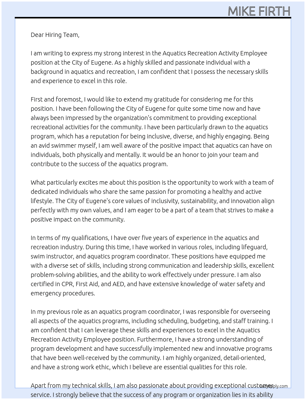 Aquatics Recreation Activity Employee At City of Eugene Cover Letter
