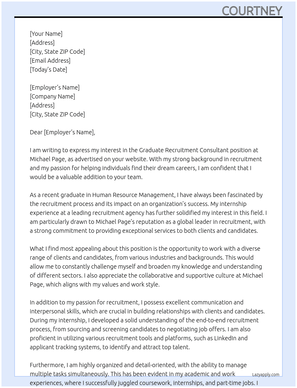 Graduate Recuitment Consultant At Michael Page Cover Letter