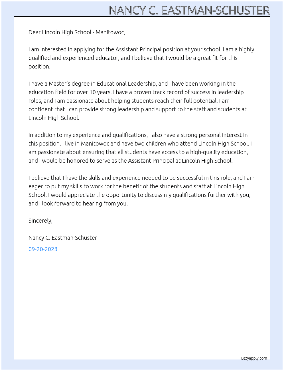 Assistant principal At Lincoln High School - Manitowoc Cover Letter