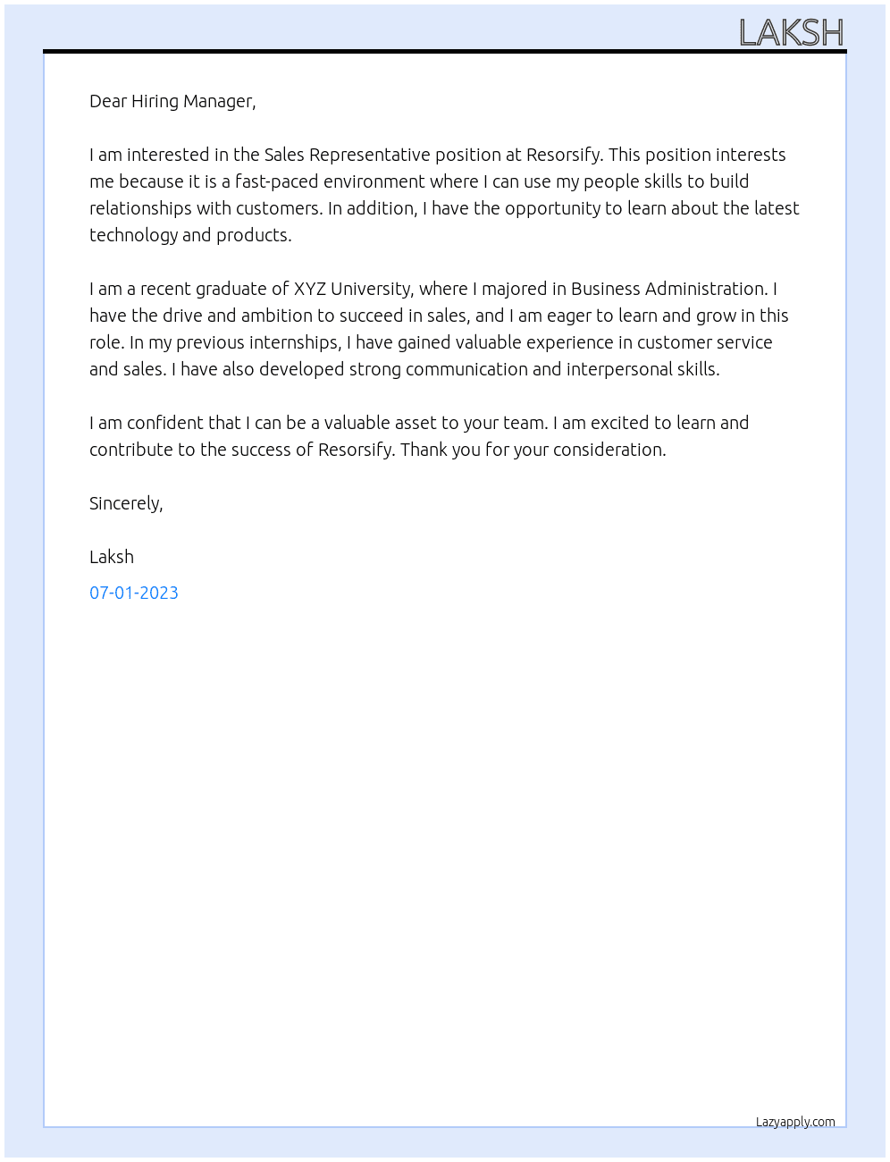 Sales Representative At Resorsify Cover Letter