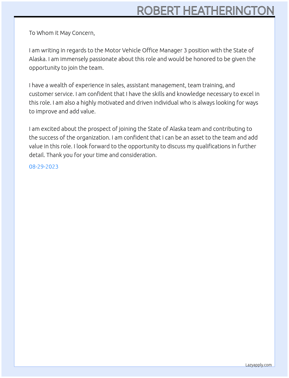 Motor Vehicle Office Manager 3 At State of Alaska Cover Letter