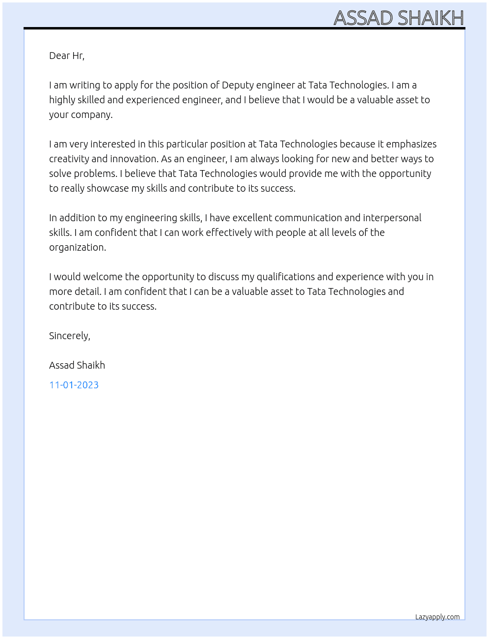 Deputy engineer At Tata Technologies Cover Letter