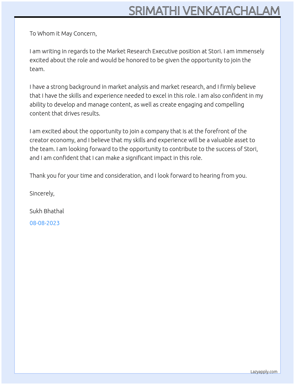 Market Research Executive At Stori Cover Letter