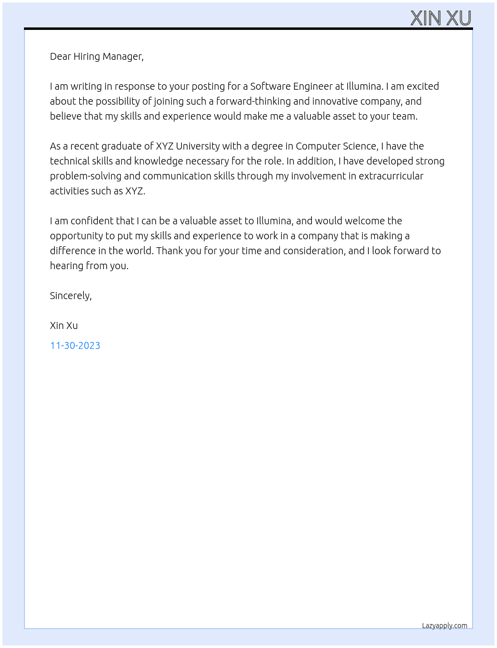 Software Engineer At Illumina Cover Letter