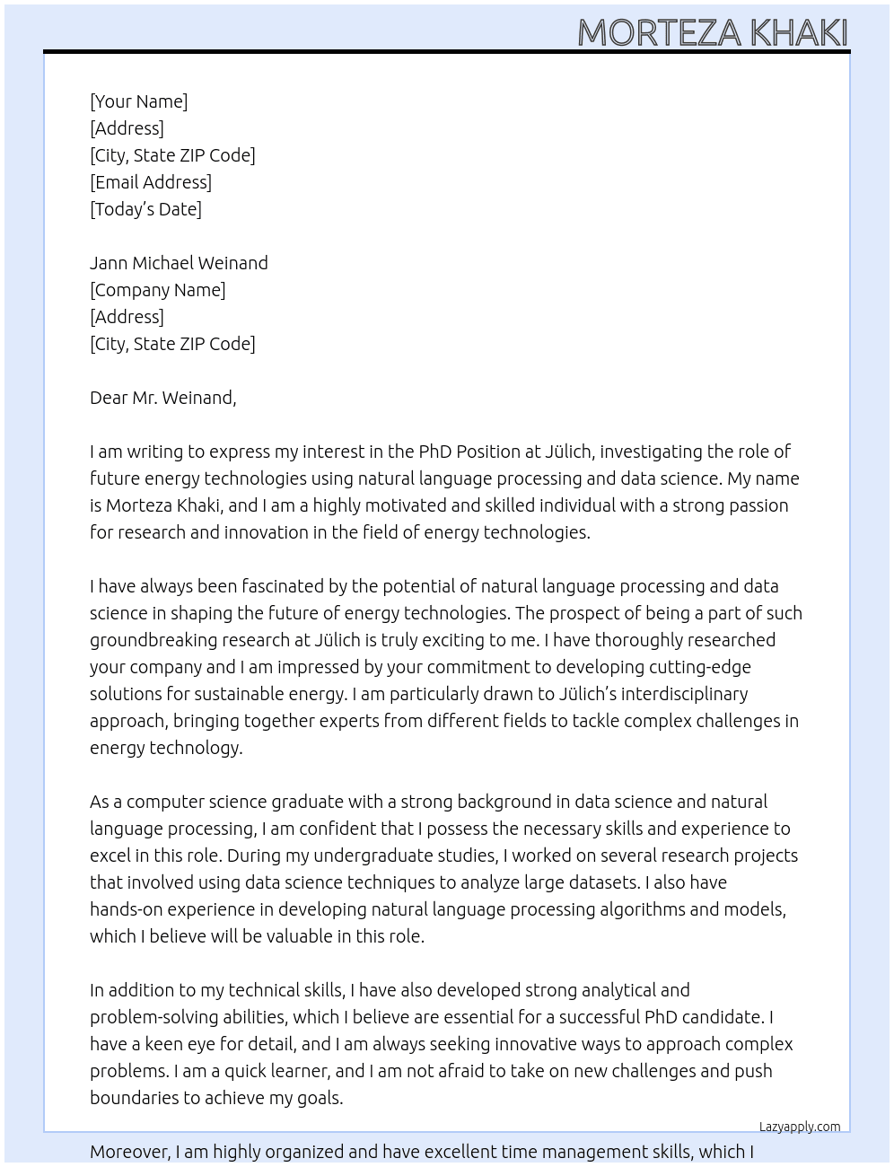 PhD Position – Investigating the role of future energy technologies using natural language processing and data science At Jülich Cover Letter