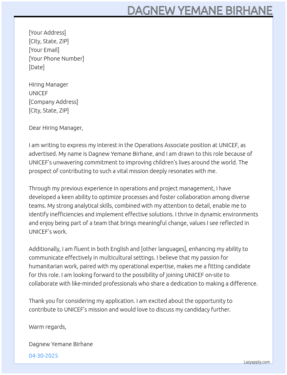 Operations Associate  At UNICEF Cover Letter
