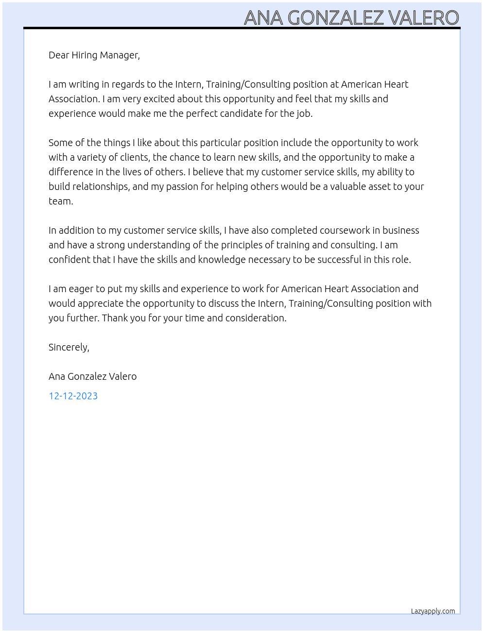 Intern, Training/Consulting At American Heart Association Cover Letter