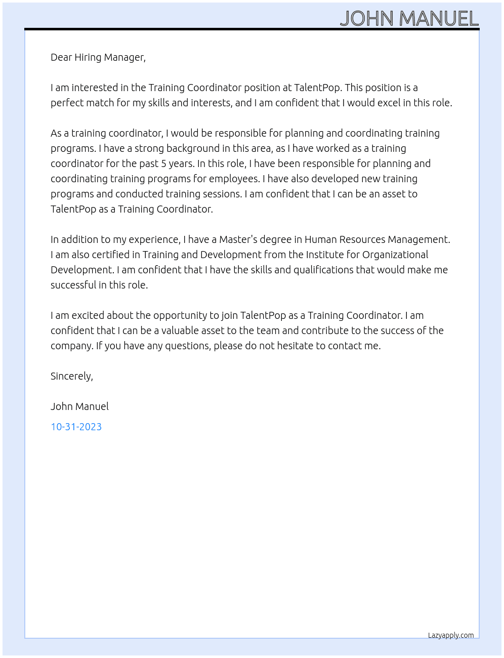 Training Coordinator At TalentPop Cover Letter