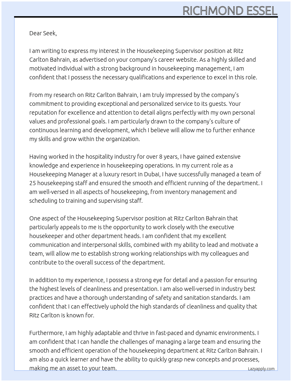 Housekeeping supervisor  At Ritz Carlton Bahrain  Cover Letter