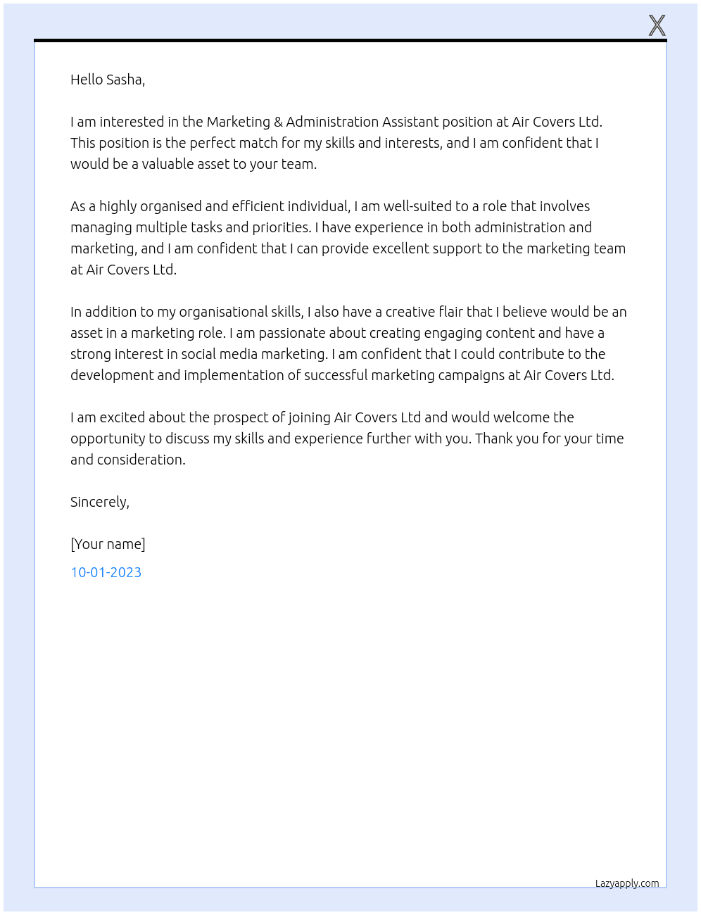 Marketing & Administration Assistant At Air Covers Ltd Cover Letter