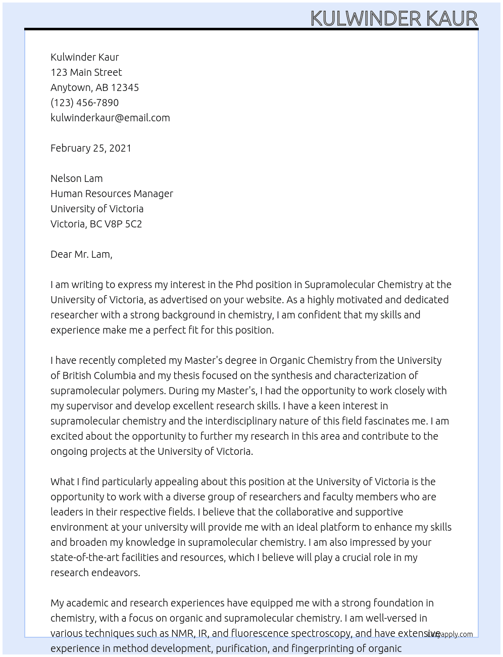For Phd position in Supramolecualr Chemistry At University of Victoria Cover Letter