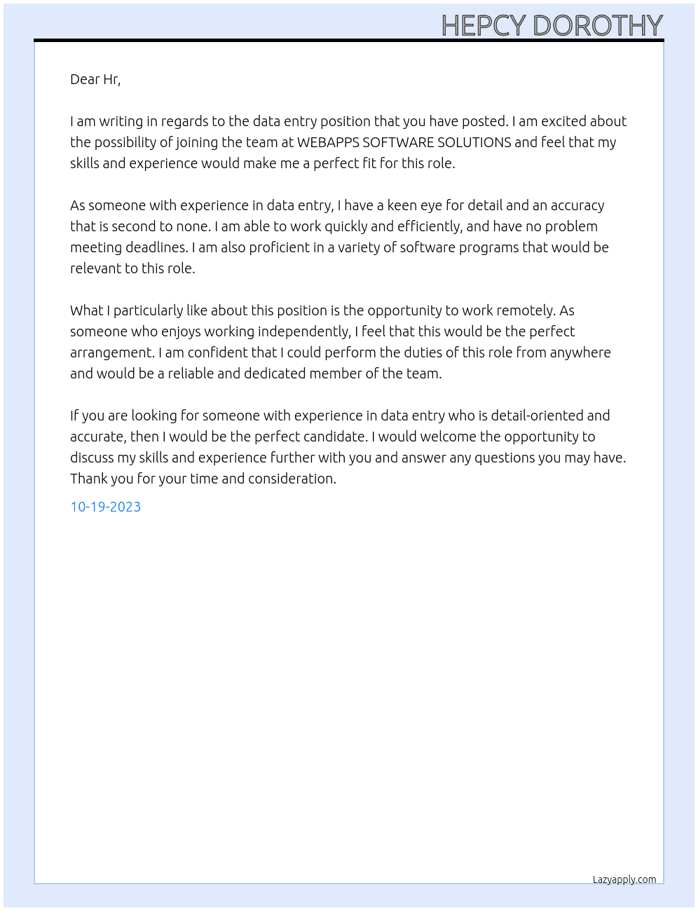 Data entry At WEBAPPS SOFTWARE SOLUTIONS Cover Letter