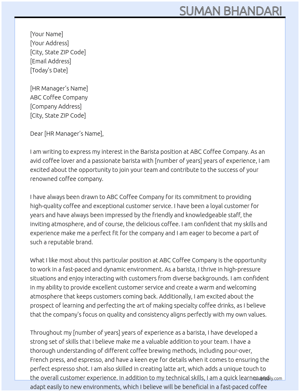 Barista At ABC coffee company  Cover Letter