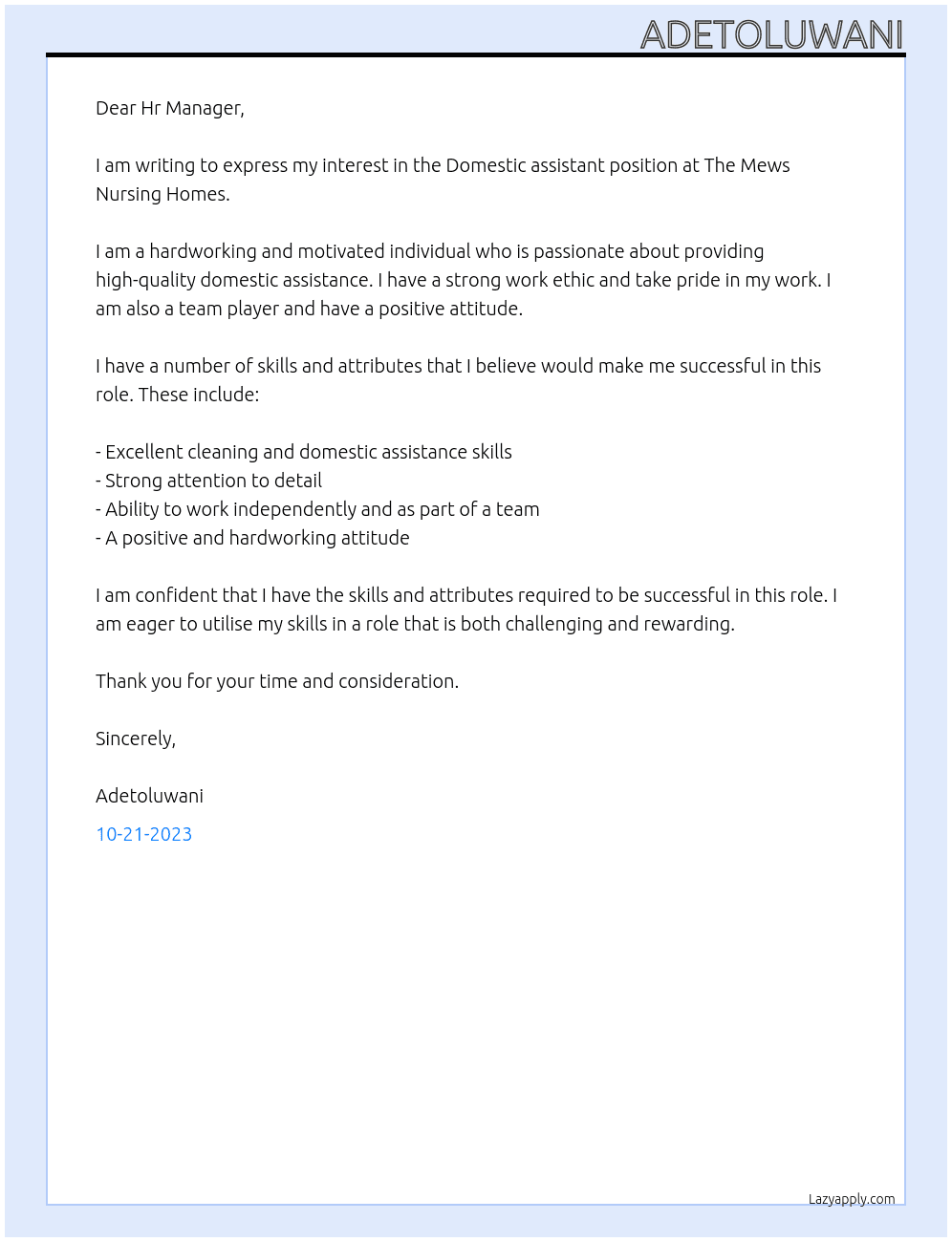 Domestic assistant At The Mews Nursing Homes Cover Letter