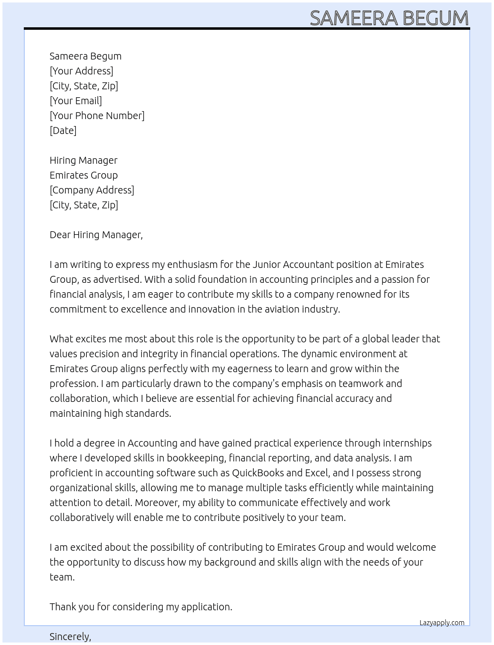 junior accountant At emirates group Cover Letter