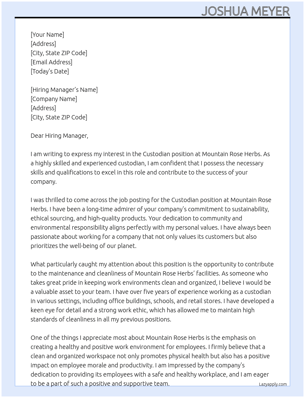 Custodian At Mountain Rose Herbs Cover Letter