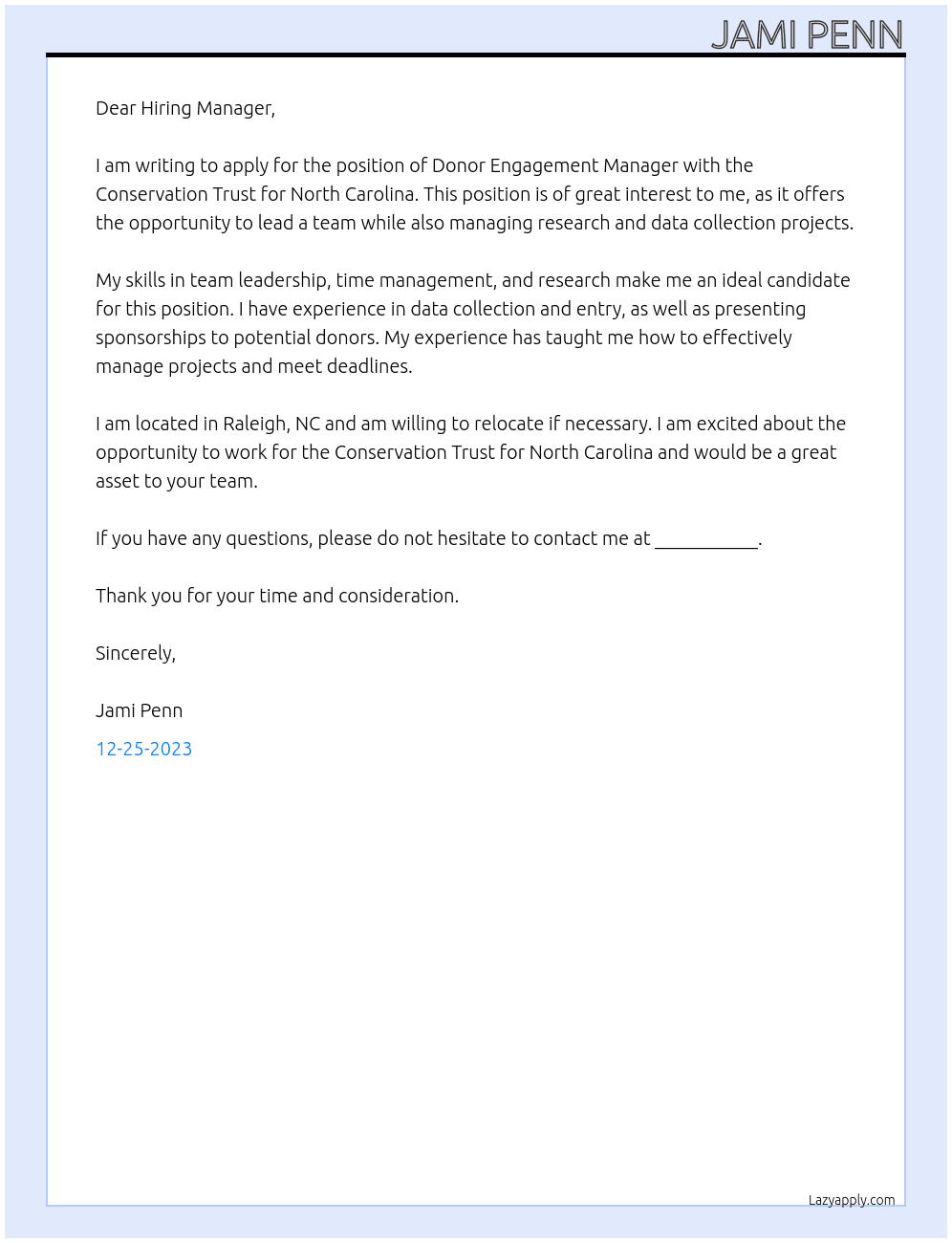Donor Engagement Manager At Conservation Trust for North Carolina  Cover Letter
