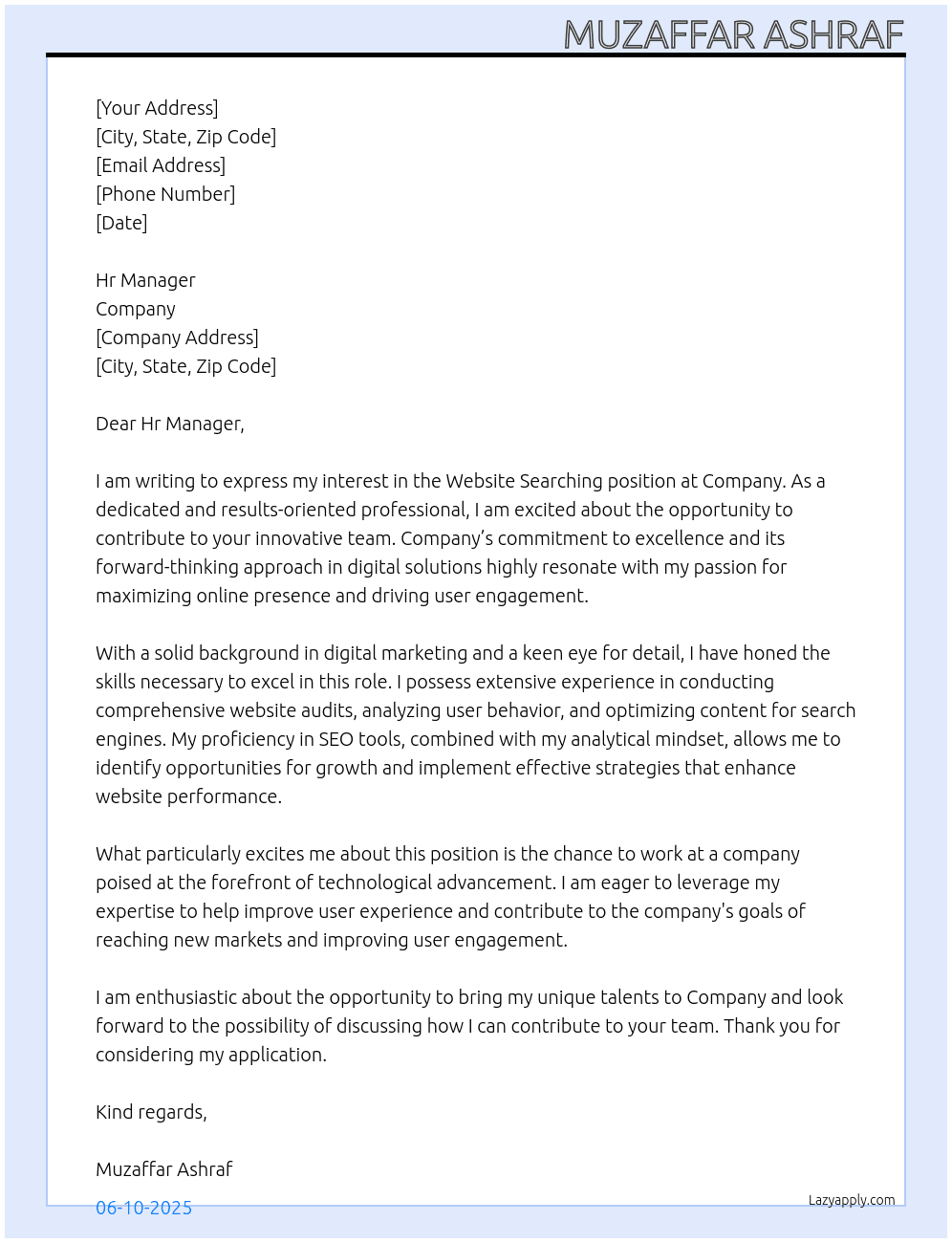 Cover letter for website searching - LazyApply