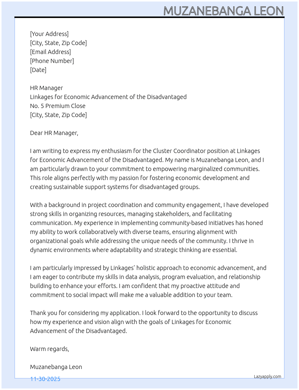 Cover letter for cluster coordinator - LazyApply
