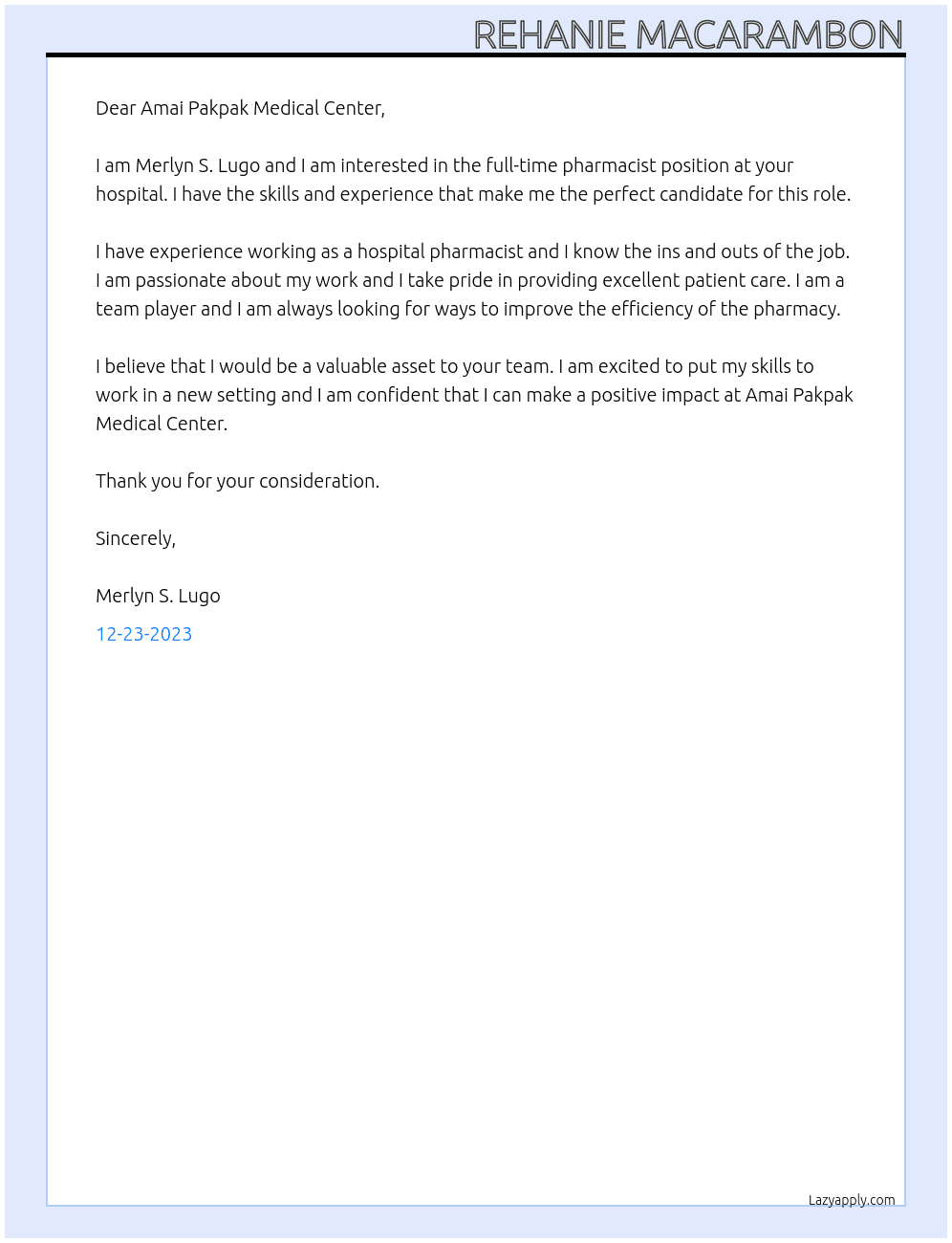 pharmacist At Amai Pakpak Medical Center Cover Letter