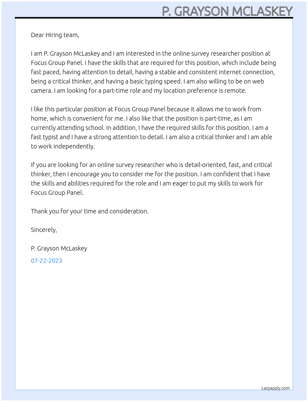 Online survey researcher At Focus Group Panel Cover Letter