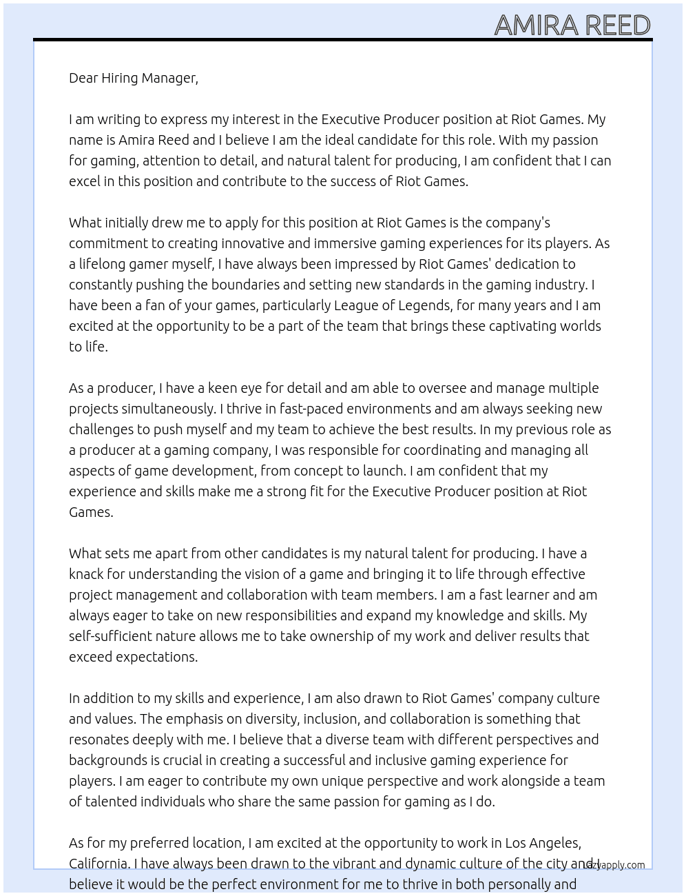 Executive Producer At Riot Games Cover Letter