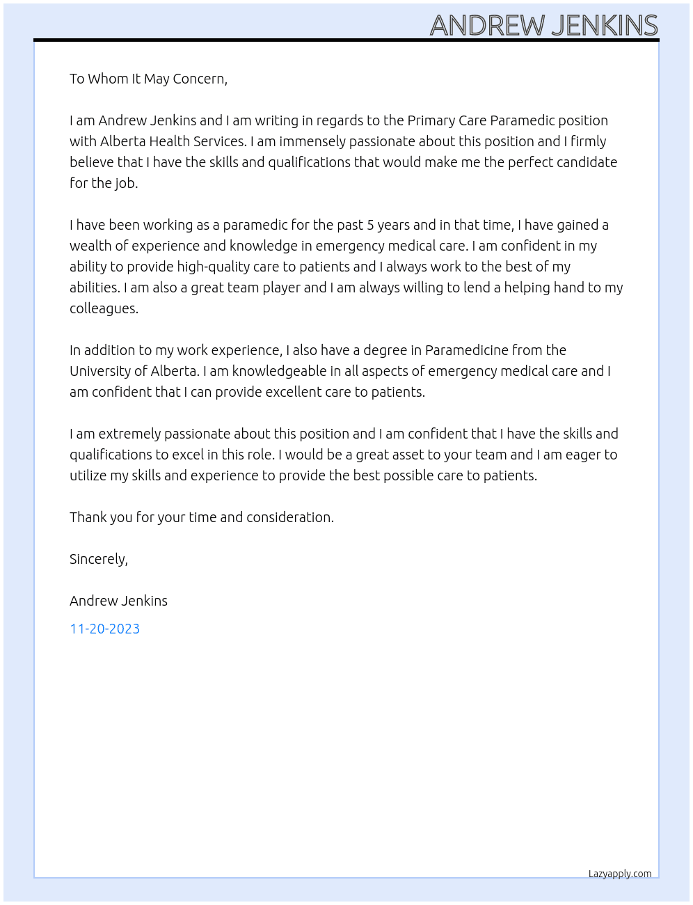 Primary Care Paramedic At Alberta Health Services Cover Letter