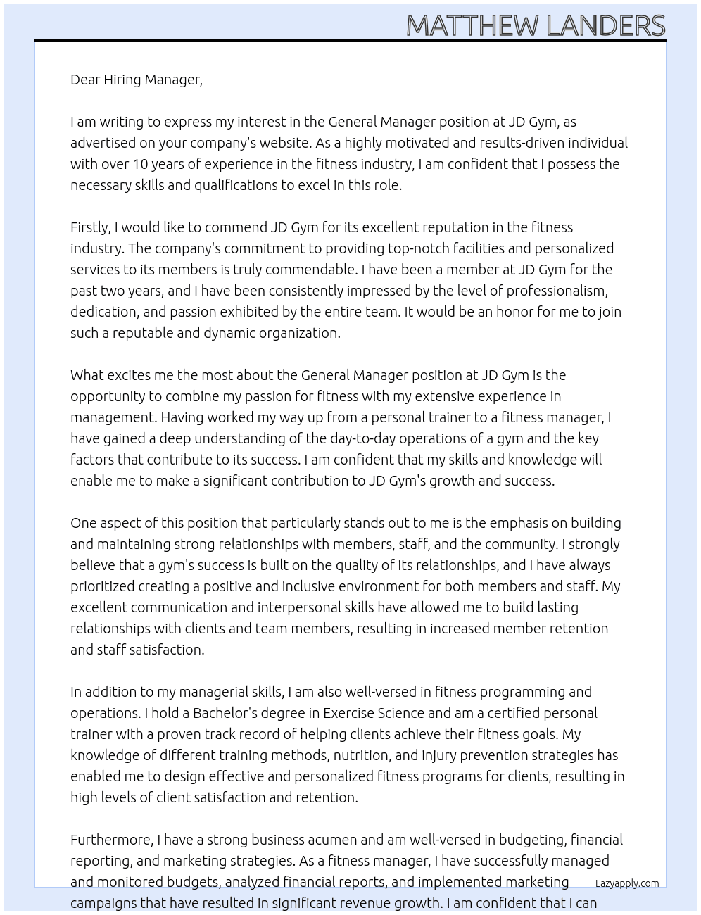 General Manager At JD Gym Cover Letter