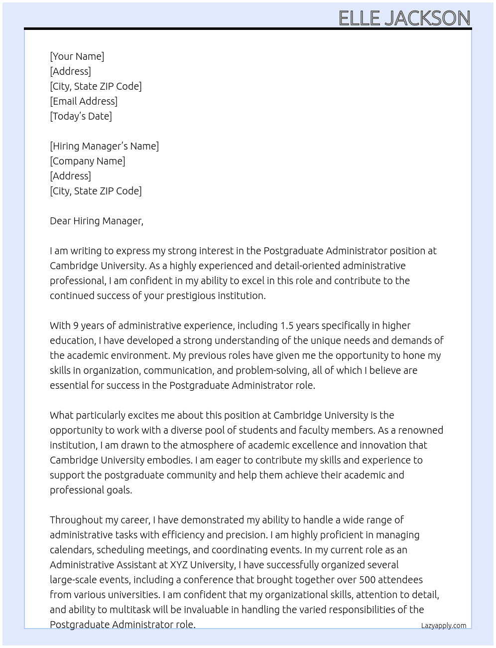 Postgraduate Administrator At Cambridge University Cover Letter