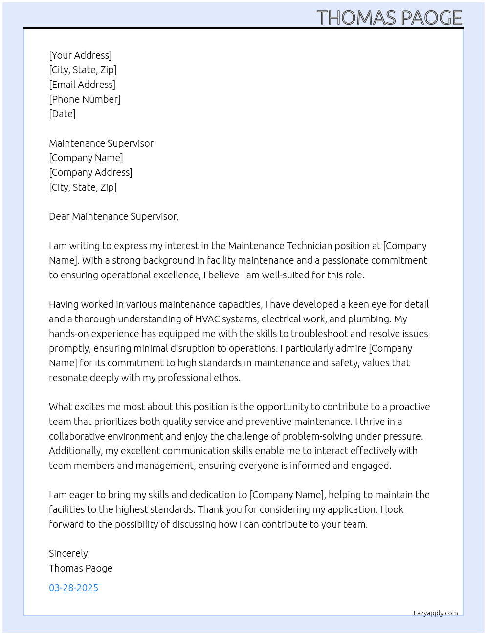 Maintenance tech At Maintenence supervisor Cover Letter