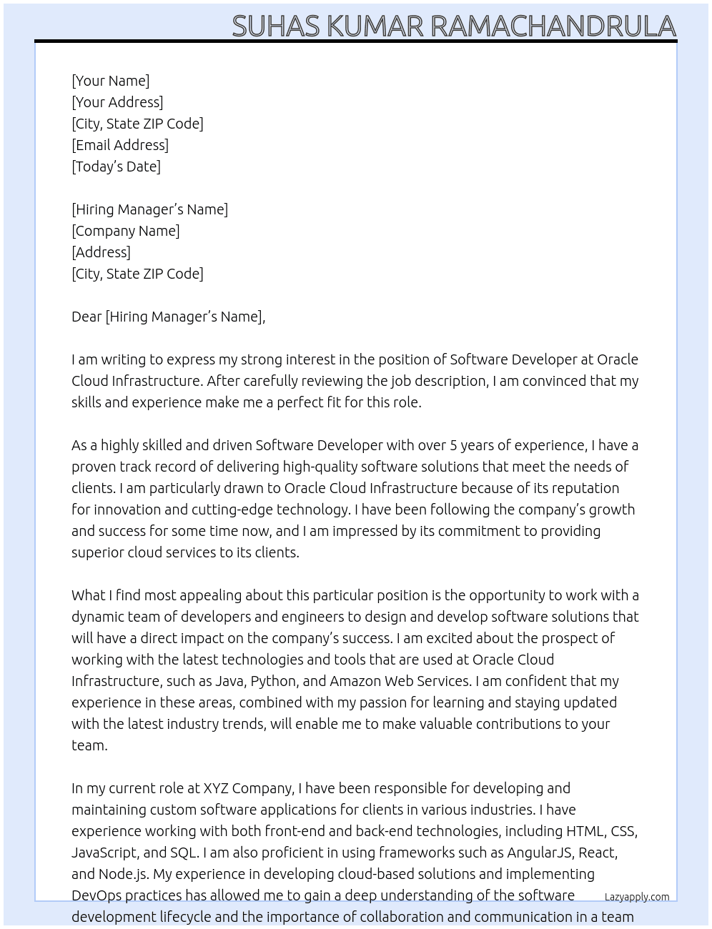 Software Developer At Oracle Cloud Infrastructure Cover Letter