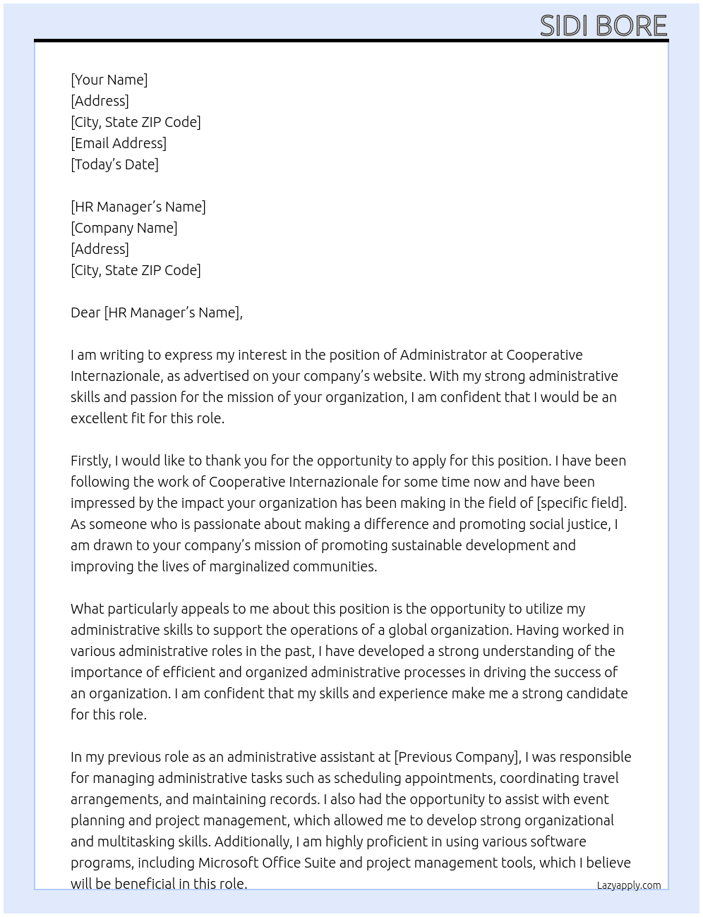 Administrtor At Cooperative internazionale Cover Letter