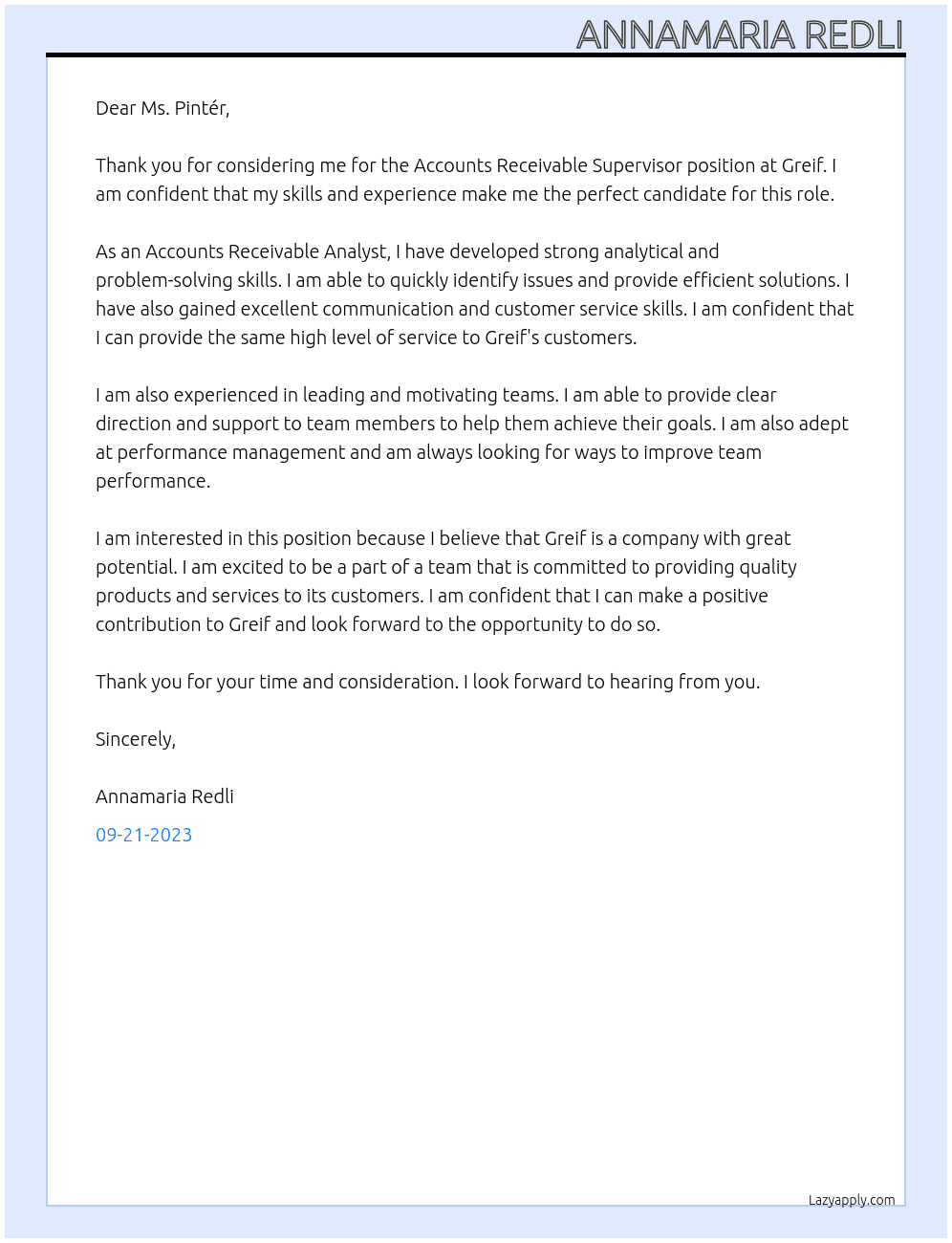 Accounts Receivable Supervisor At Greif Cover Letter