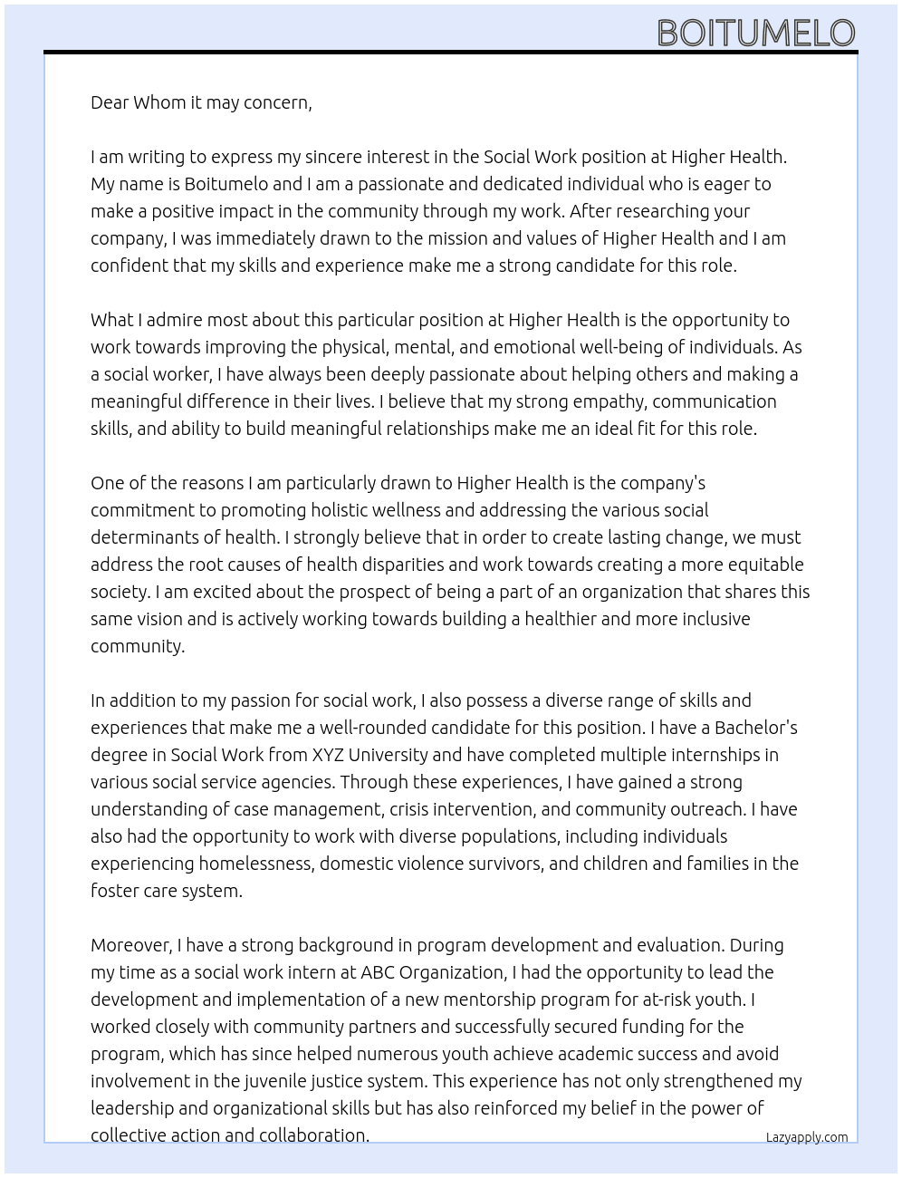 Social Work At Higher Health Cover Letter