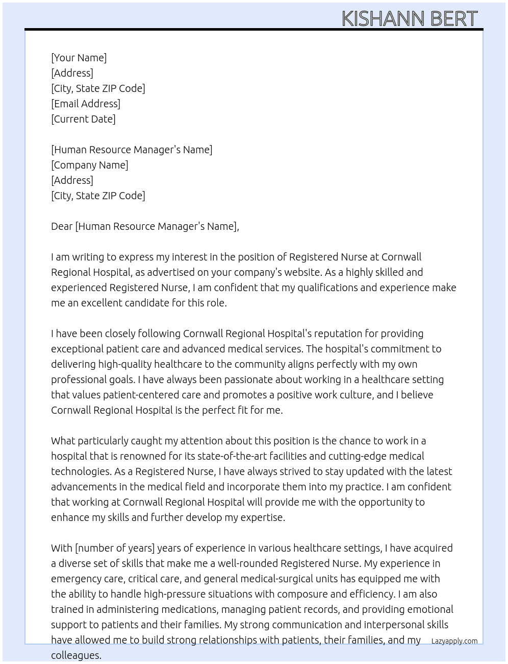 Registered Nurse  At Cornwall Regional Hospital  Cover Letter