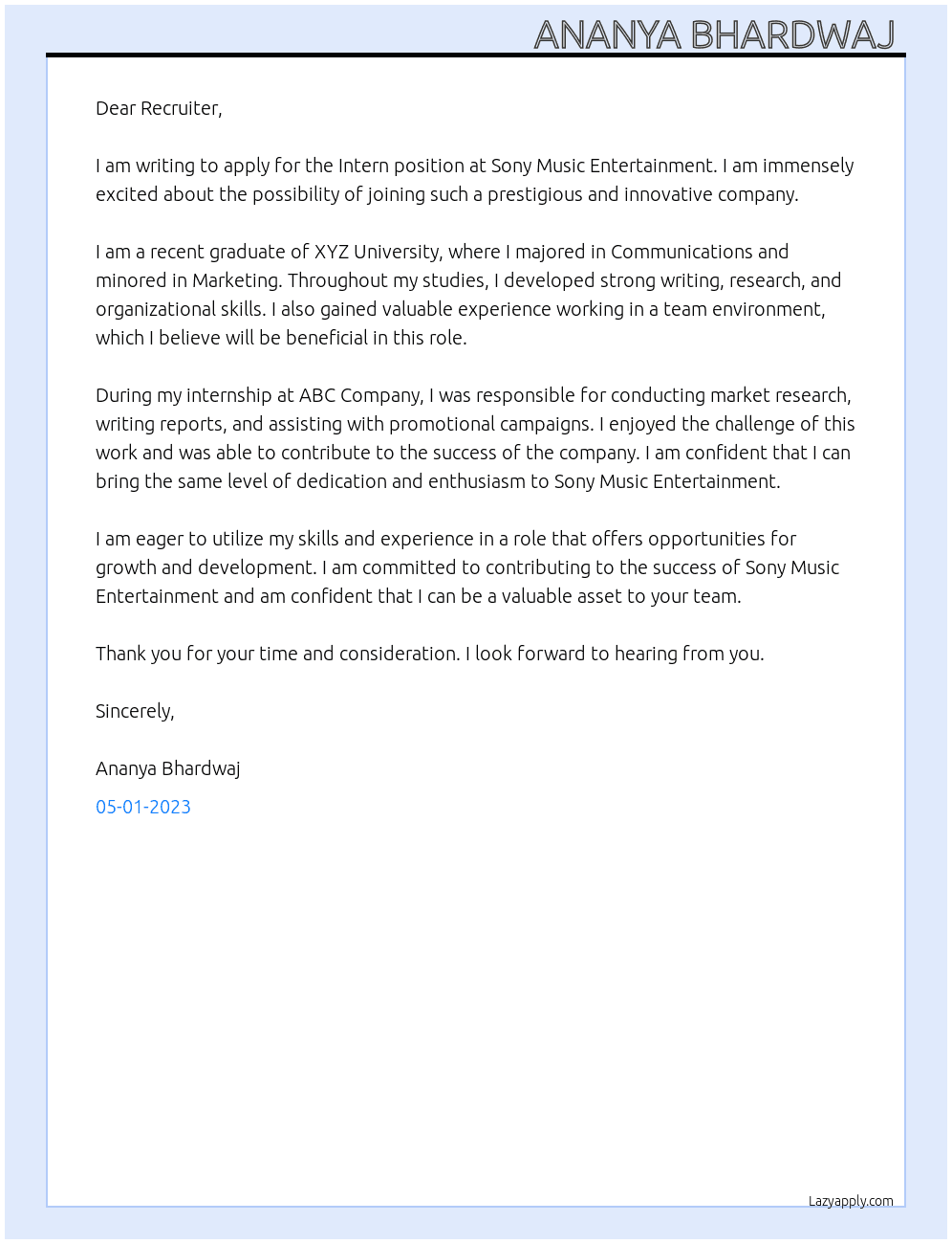 Intern  At Sony Music Entertainment  Cover Letter