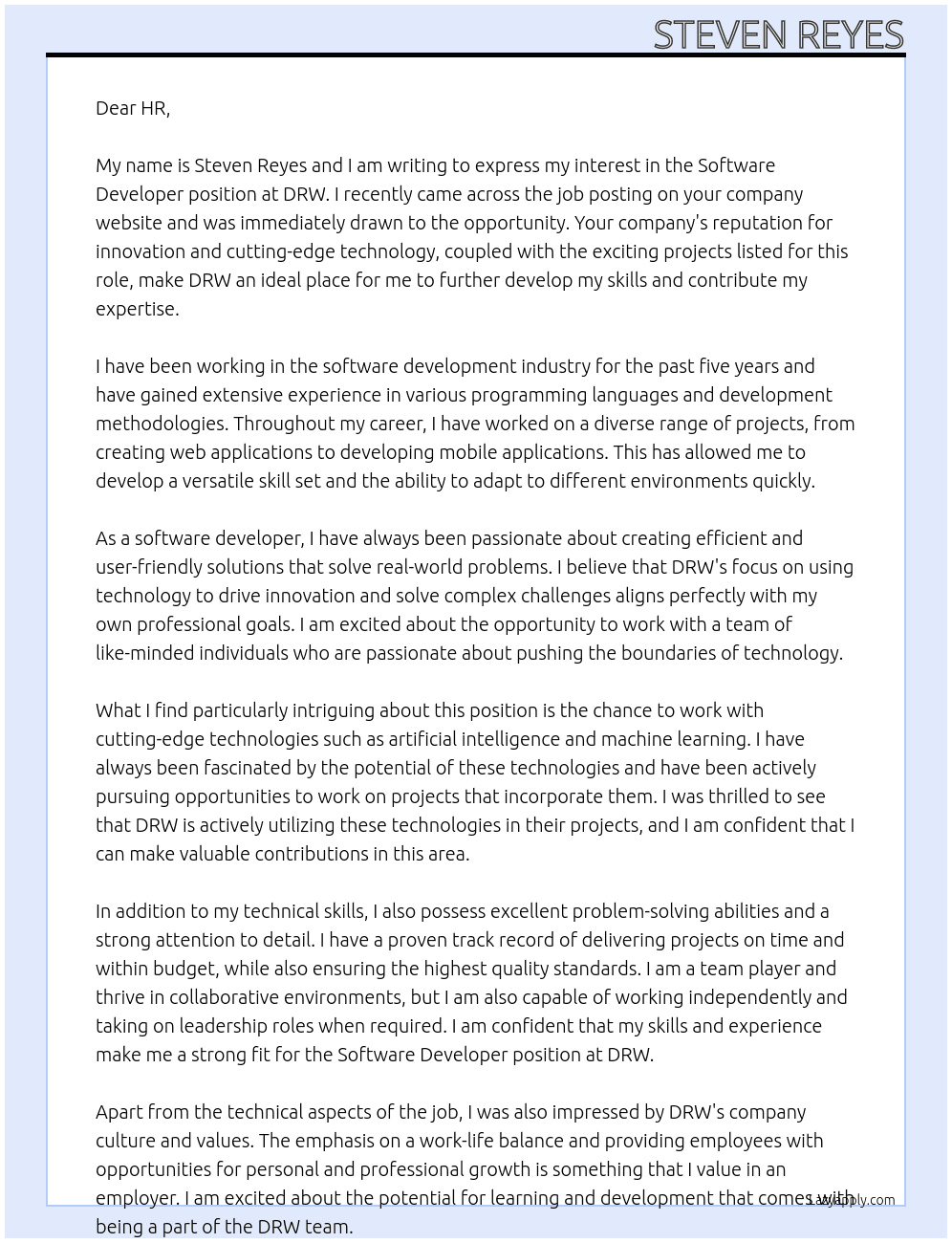 software developer At DRW Cover Letter