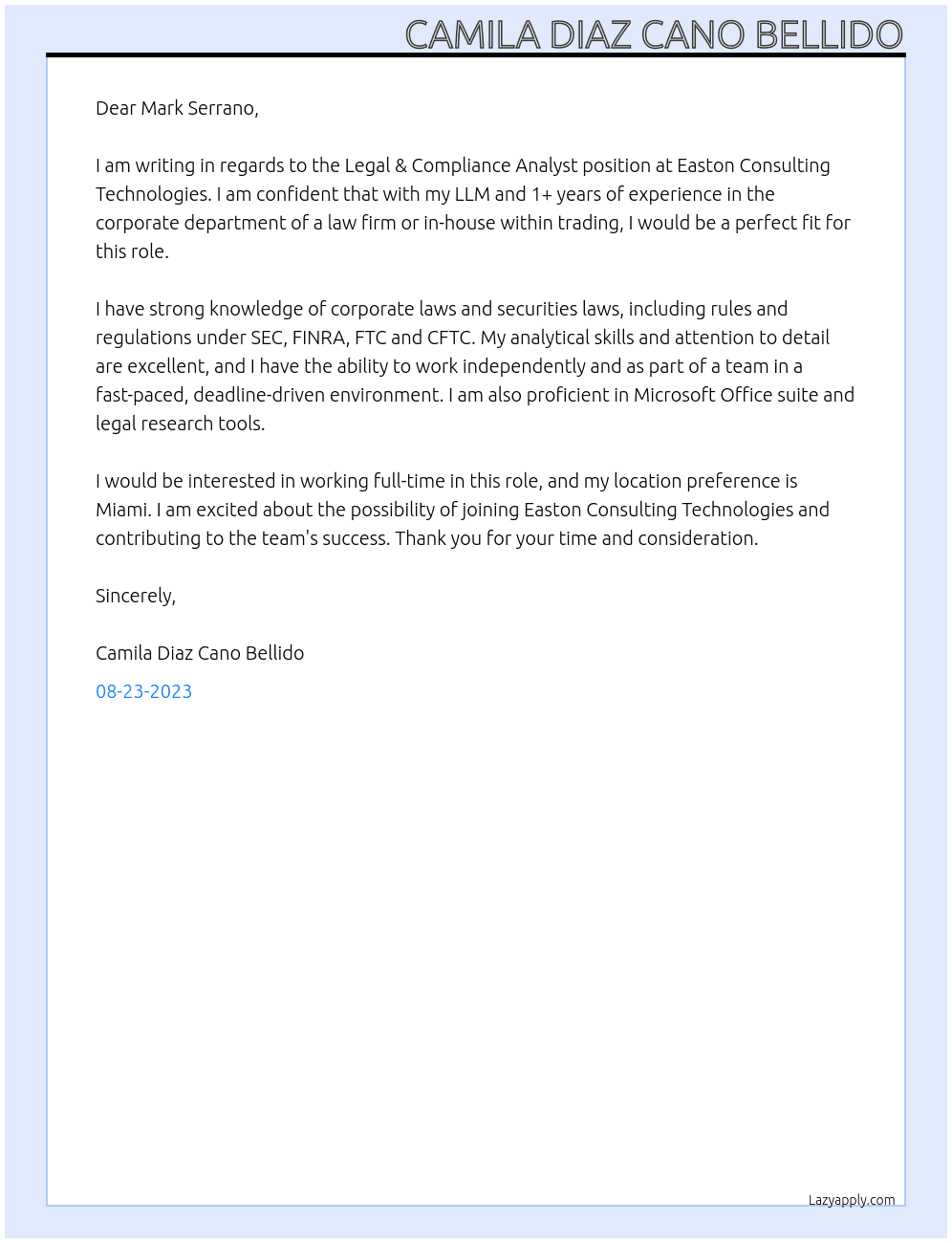 Legal & Compliance, Legal Analyst At Easton Consulting Technologies Cover Letter